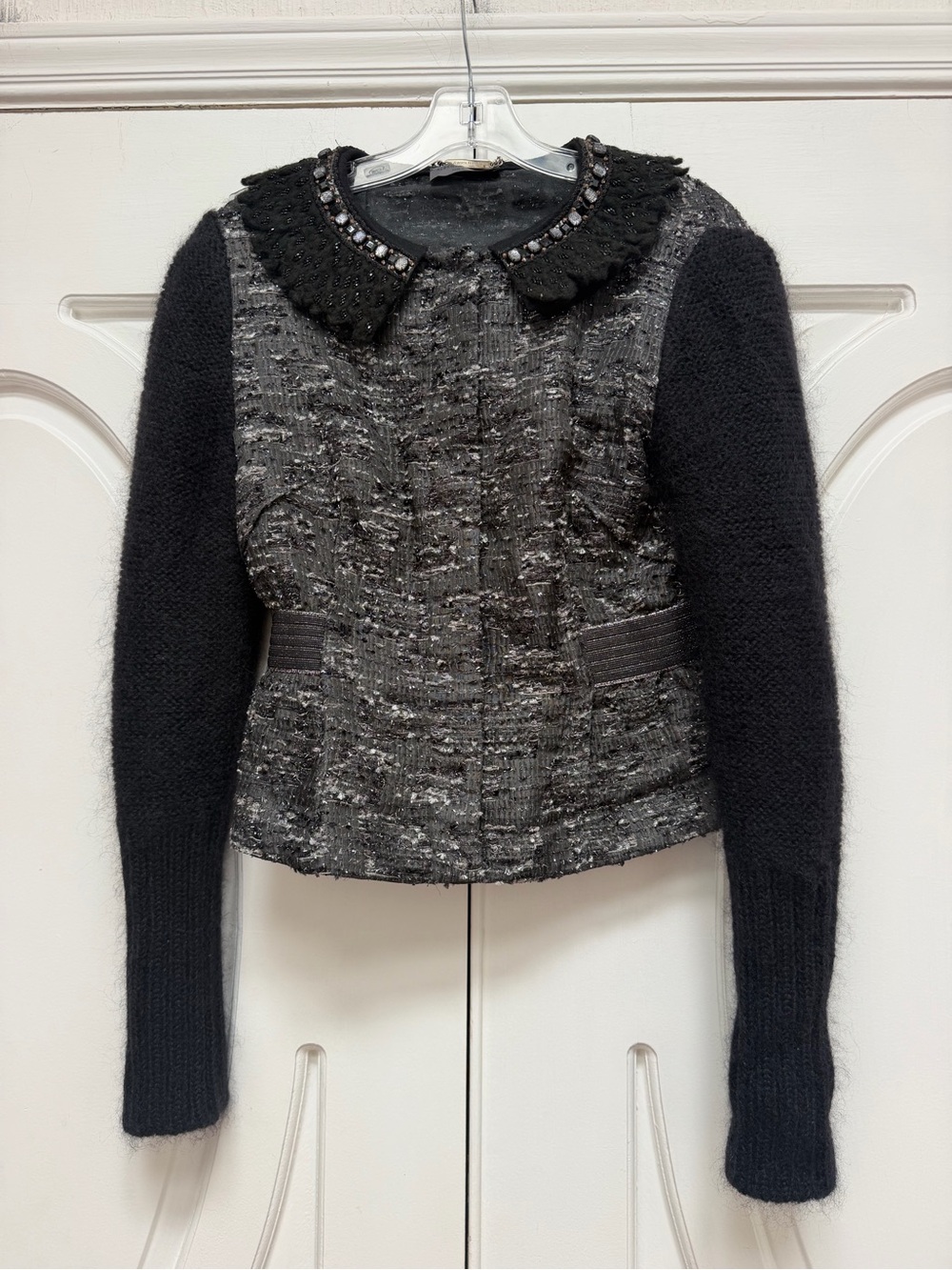 Alberta Ferretti Black and Gray Tweed Jacket with Embellished Collar